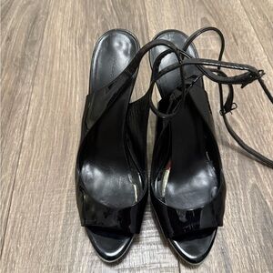 Balenciaga Paris Women’s Black Teal Patent Leather Peep Toe Heels Size 39